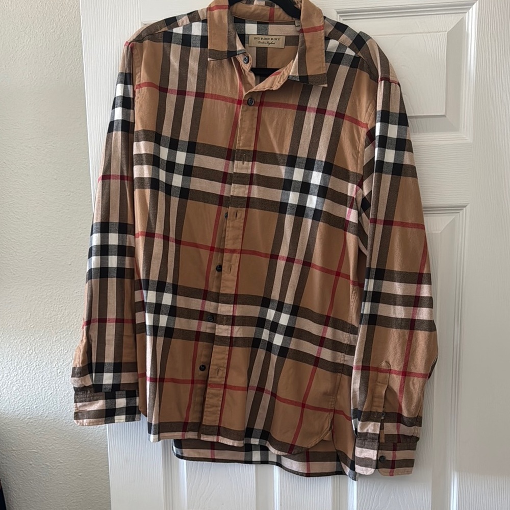 Burberry Tan Nova Check Button-Down Shirt with Black, White & Red Stripes
